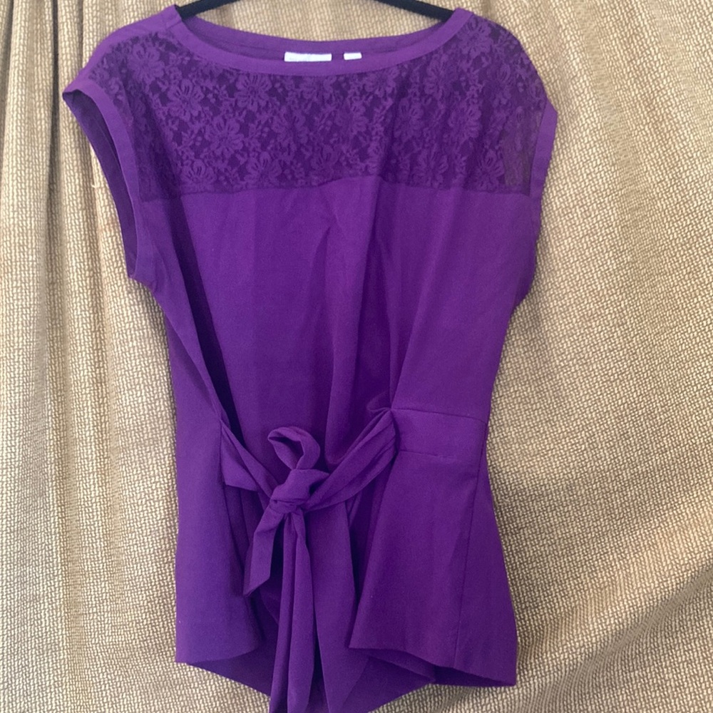 New York & Company Purple Cap Sleeve Tie Front Blouse